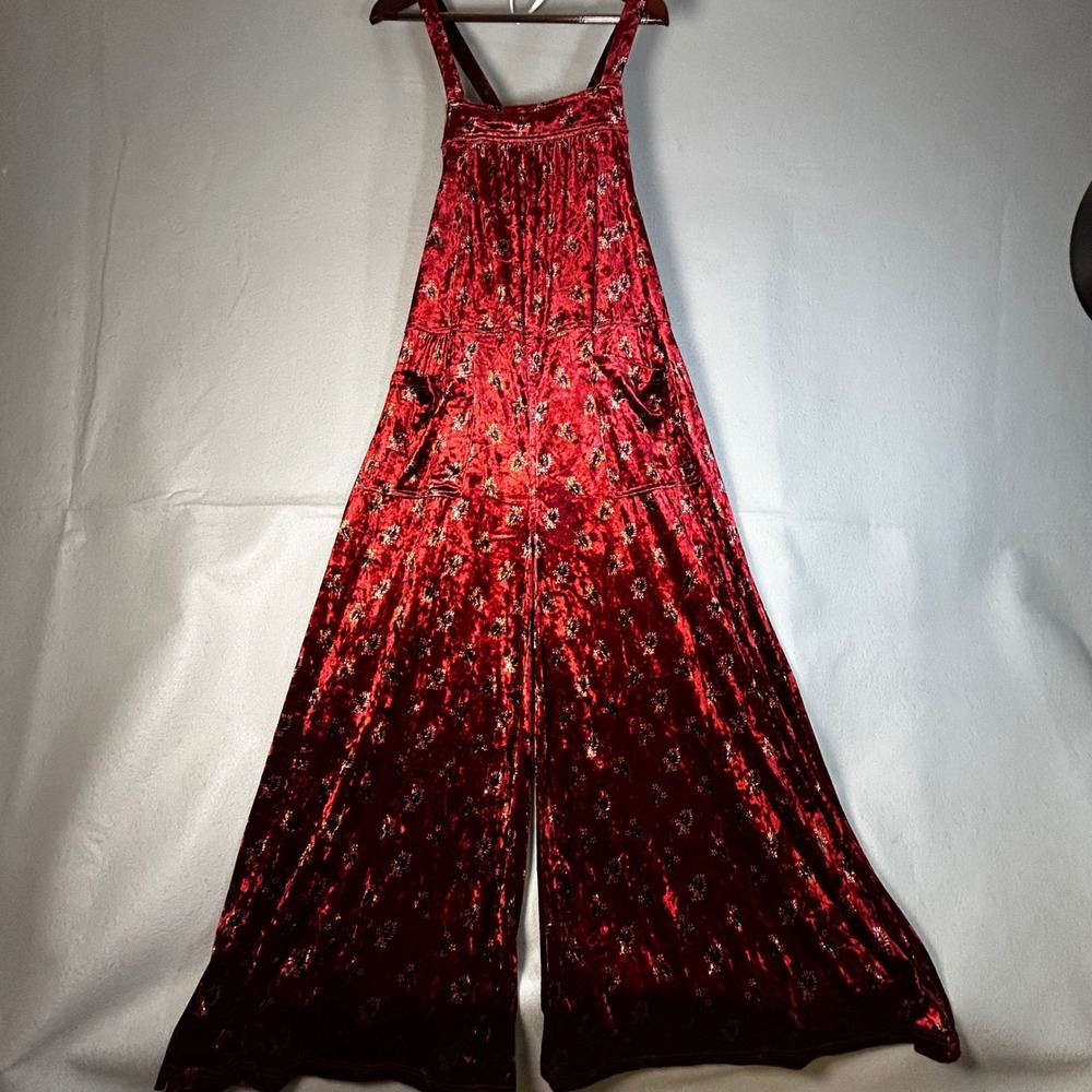 Natural Life Red Floral Velvet Dakota Tie Wide Leg Jumpsuit XL Boho Overalls